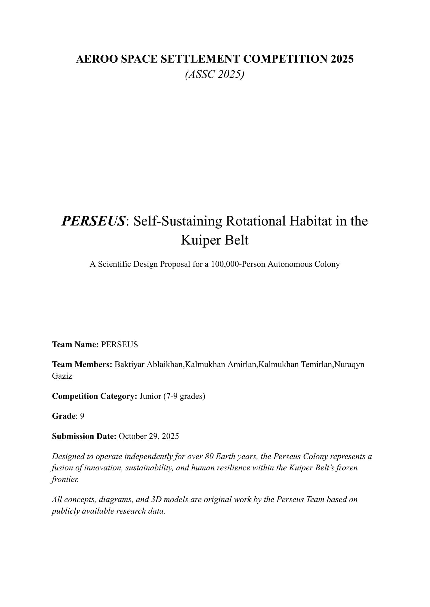 Cover of the ASSC 2025 junior-category proposal "PERSEUS: Self-Sustaining Rotational Habitat in the Kuiper Belt", listing the four team members.