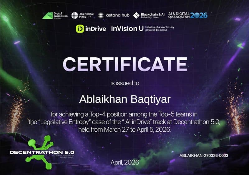 Certificate — Top-4 in the “Legislative Entropy” case, 27 March – 5 April 2026