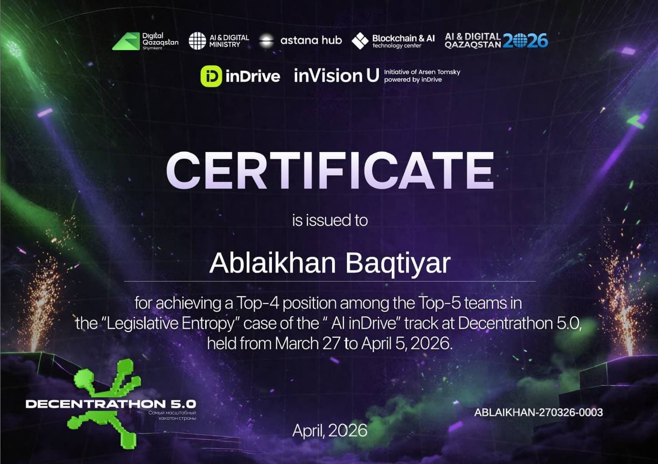 Certificate — Top-4 in the “Legislative Entropy” case, 27 March – 5 April 2026
