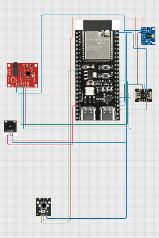 Wiring — ESP32-S3, AD8232 (ECG), MPU6050 (motion), MAX30102 (pulse/SpO₂), buzzer and button