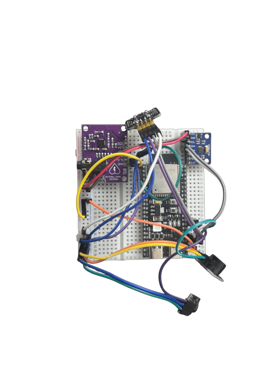 Top view of the breadboard prototype on a transparent background, without ECG leads attached.