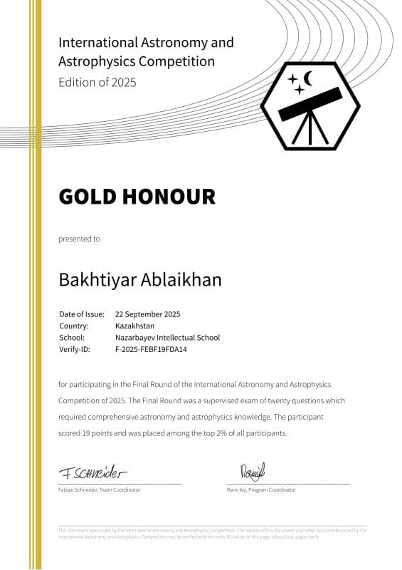 Gold Honour certificate, issued 22 September 2025