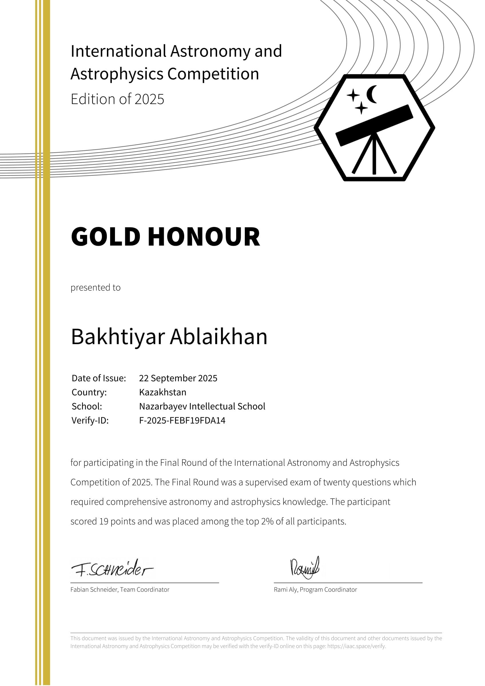 Gold Honour certificate, issued 22 September 2025