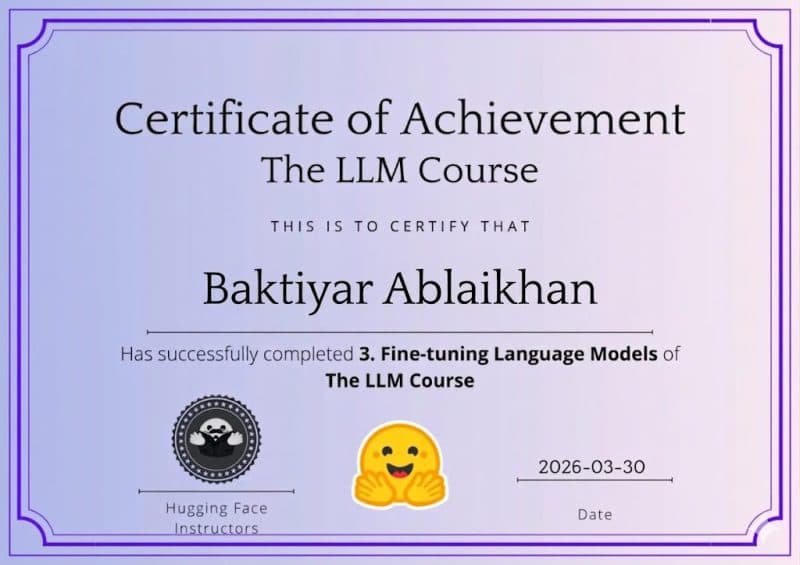 Certificate of achievement — “Fine-tuning Language Models”, 30 March 2026