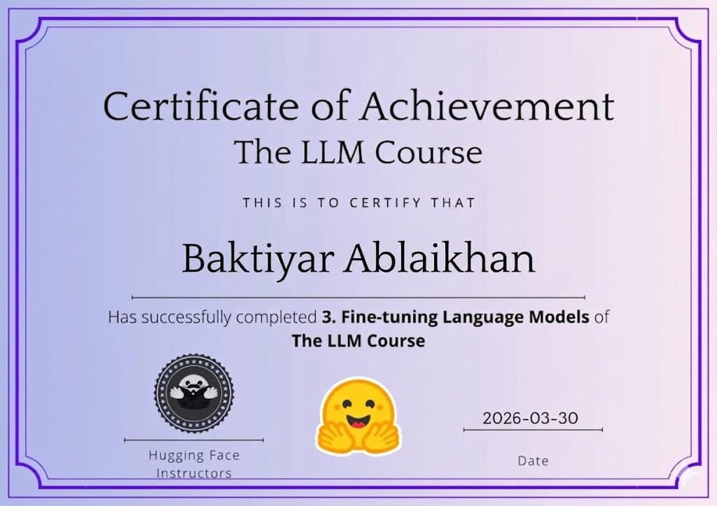 Certificate of achievement — “Fine-tuning Language Models”, 30 March 2026