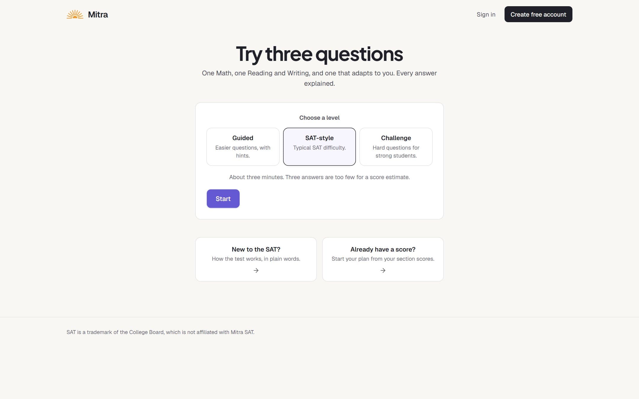 “Try three questions” — practice without an account