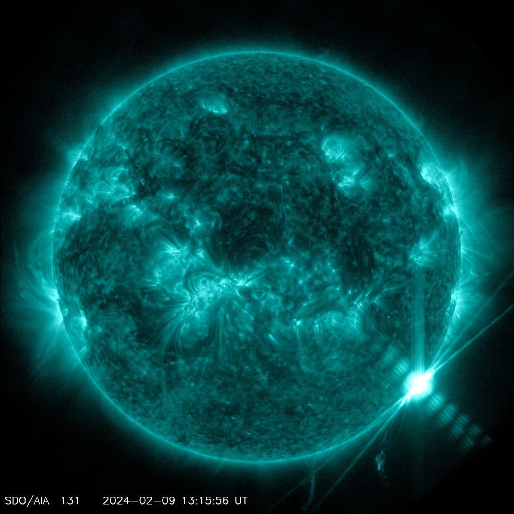 The Sun during the X3.3 flare of 9 February 2024 (SDO/AIA 131 Å). Image: NASA/SDO and the AIA science team — context, not model output