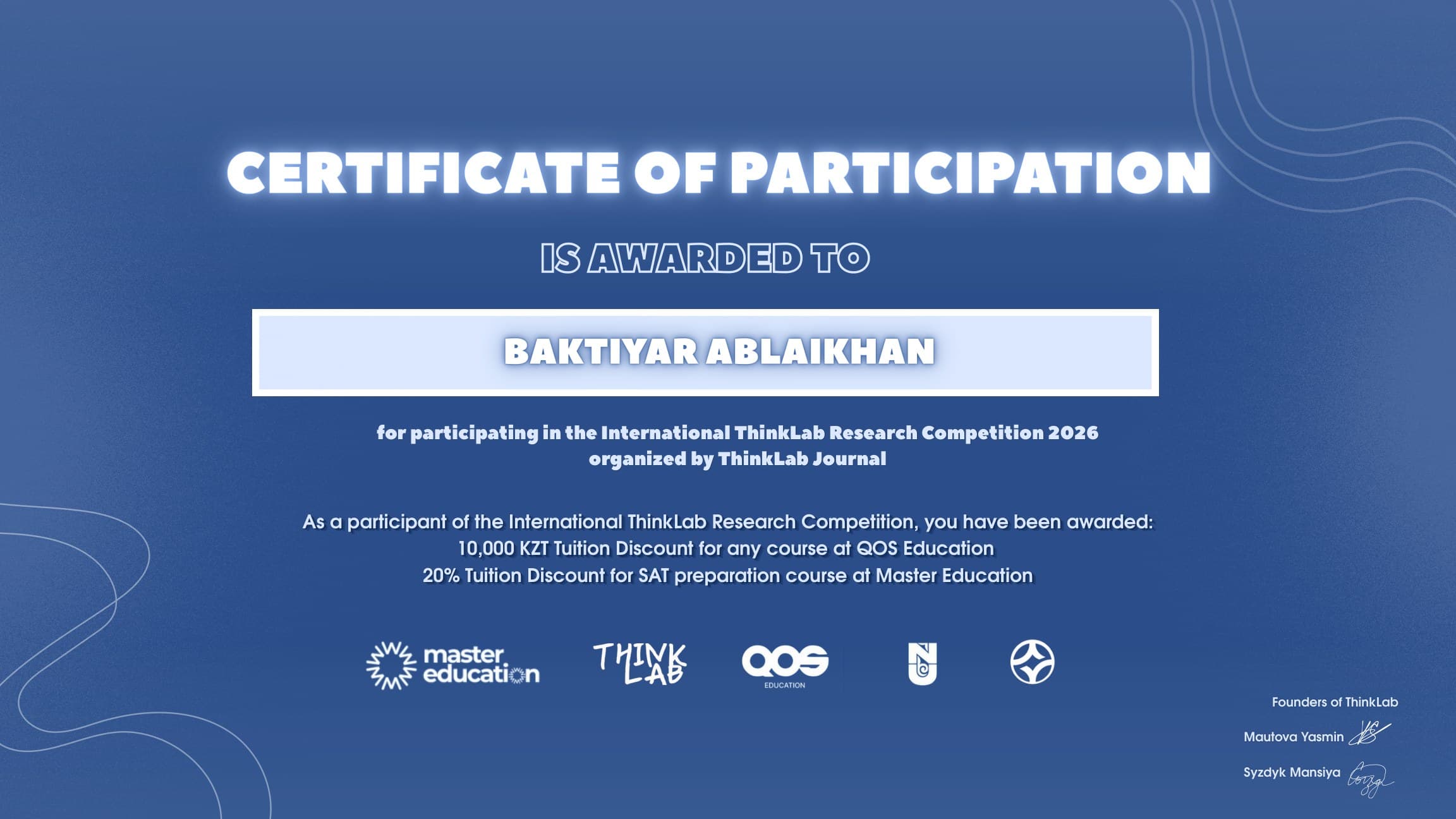 Certificate of participation — International ThinkLab Research Competition 2026
