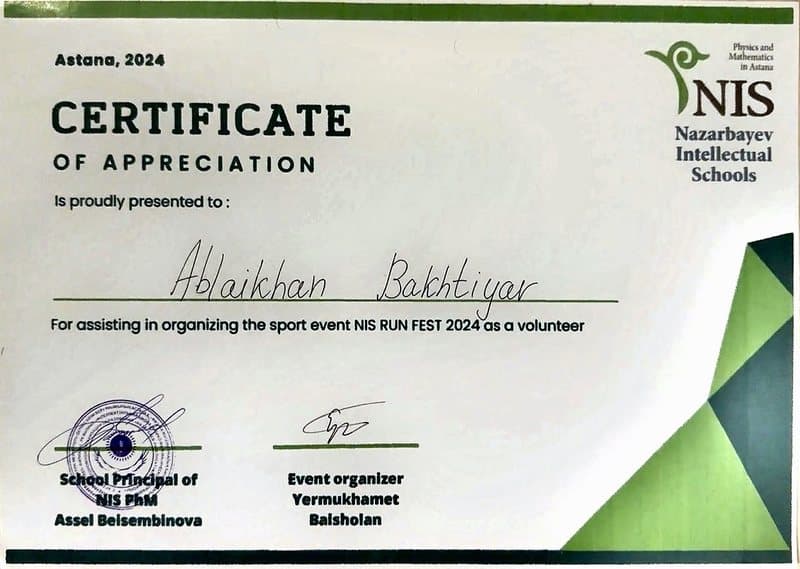 Certificate of appreciation from NIS Physics and Mathematics, Astana, for volunteering at NIS Run Fest 2024