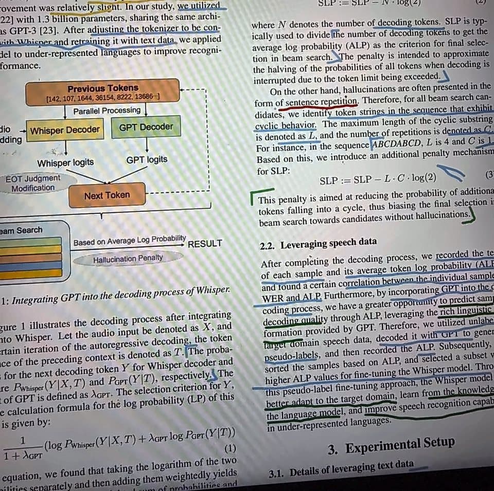 Whisper with a GPT decoder for under-represented languages (arXiv 2408.05554) — read for the Kazakh speech work, marked up on screen.