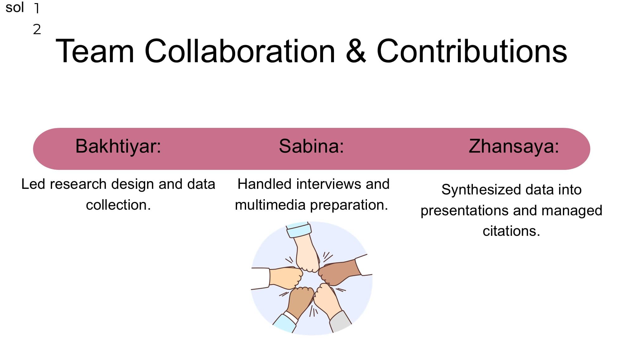 Slide listing contributions: Bakhtiyar led research design and data collection; Sabina handled interviews and multimedia; Zhansaya synthesised data and managed citations.